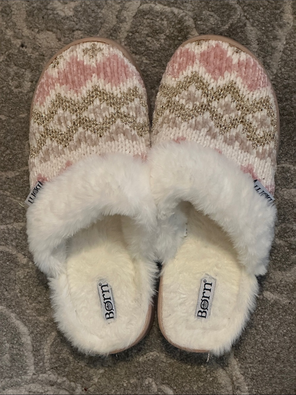 Born Pink, Gold & White Knit Fur-Lined Slippers size 7-8